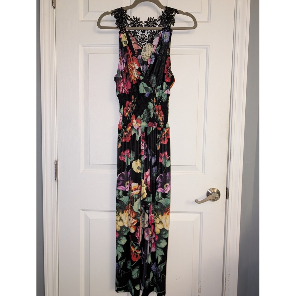 Floral Lace High Low Romper Maxi Dress Smocked Waist Boho Y2K Black Multi